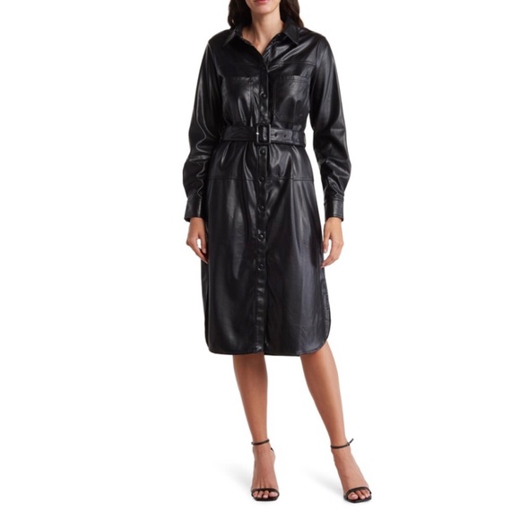 MELLODAY Long Sleeve Faux Leather Shirtdress - Picture 1 of 3